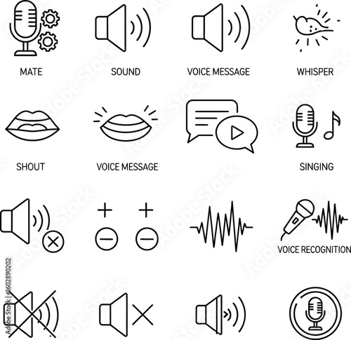 Microphone voice sound audio speech communication message whisper shout singing recognition vector icons