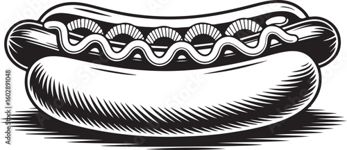 Hot Dog Vector Illustration with Mustard and Bun in Engraved Style