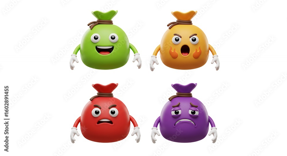 Naklejka premium Colorful cartoon bags with emotions