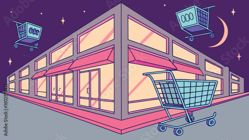 Glowing Virtual Shopping Mall Suspended in Space – Futuristic E-Commerce Vector Illustration

