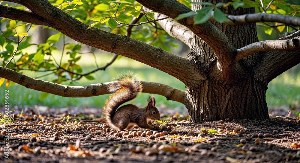 Fototapeta premium Industrious Squirrel Collecting Acorns Beneath Mature Tree