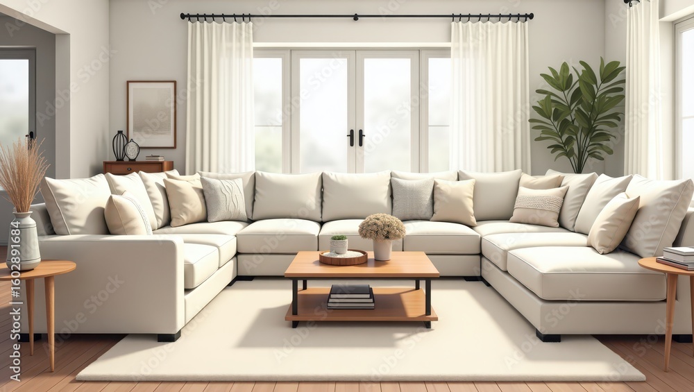 Fototapeta premium Light beige sectional sofa in a modern living room.