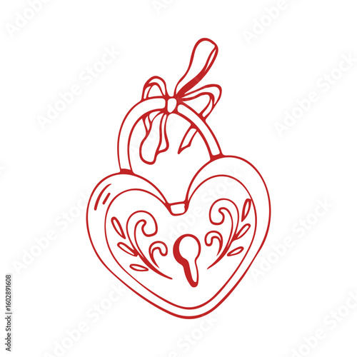 Red heart-shaped lock with a bow. Vector linear illustration in sketch style. Retro lock. Wedding attribute on a white background. Symbol of love and marriage. Valentines Day