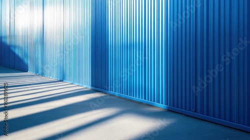 Sunlight casts shadows on a blue corrugated metal wall.
