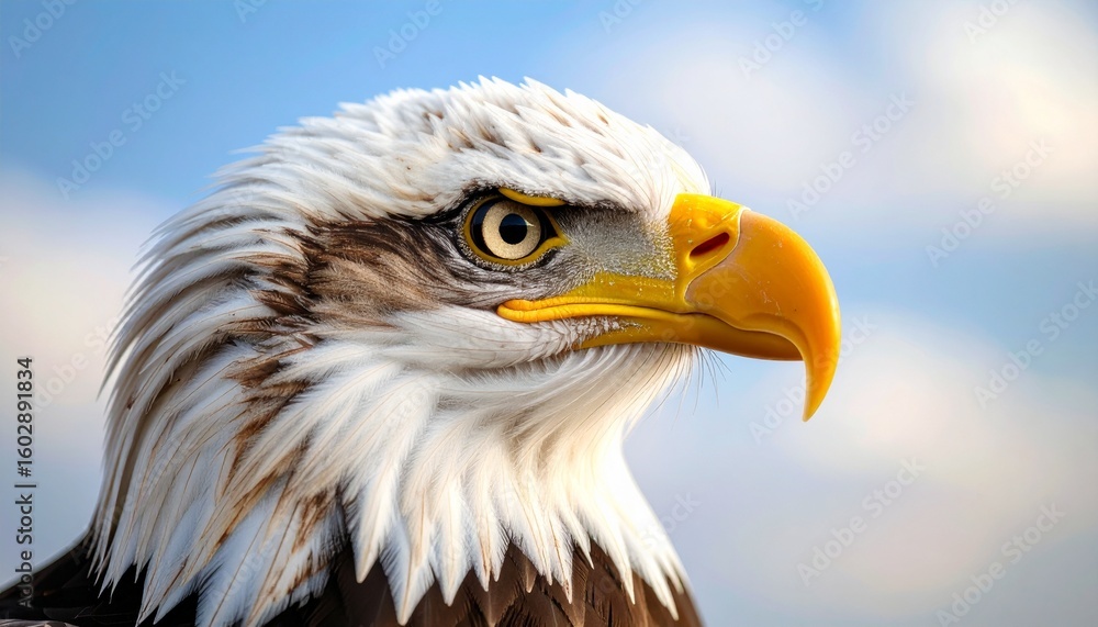 Obraz premium A majestic eagle close-up showcasing fierce vision and detail. The powerful gaze and sharp beak symbolize strength and freedom in this ultra-clear portrait.