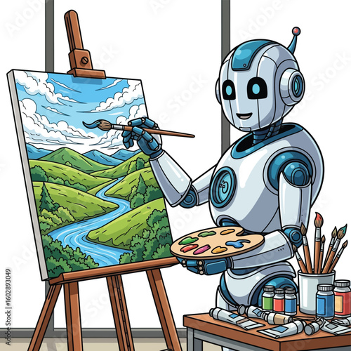 Robot painting art ai generated artwork digital illustration machine learning canvas scene
