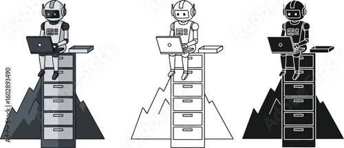 Robot sitting on filing cabinet working on laptop ai automation concept illustration