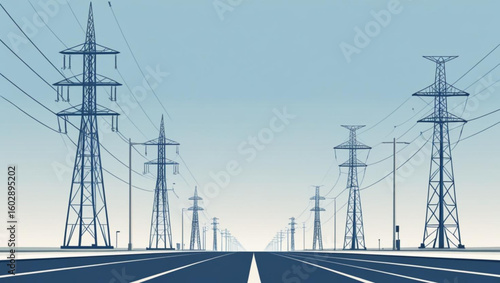 Power Lines and Electricity Pylons Along a Road