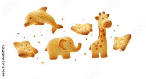 Animal Shaped Biscuits Isolated On A Transparent Background Featuring Giraffe Elephant And Dolphin With Golden Brown Color