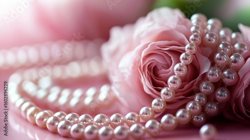 Soft pink roses and a string of shiny pearls