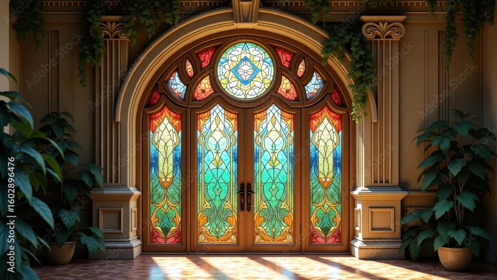 Obraz premium Ornate stained glass doorway in a stately interior.