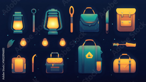 Pixel Art Camping Equipment Backpacks, Lanterns, and Tools Glowing in the Night