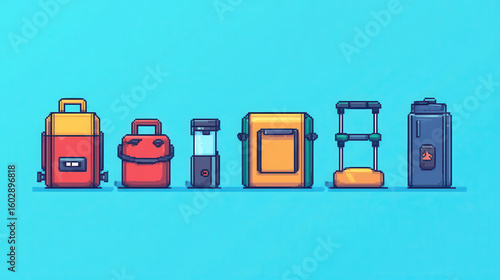 Pixel Art Camping Equipment Illustration Backpacks, Cooler, Lantern, and Camp Stove on Turquoise Background
