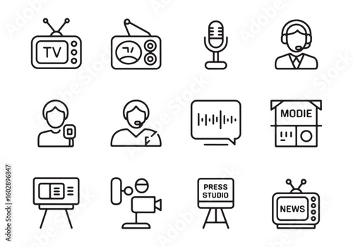 Collection of broadcast and media icons including television radio microphone and camera vector