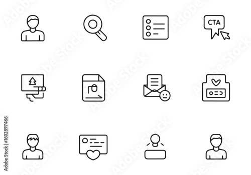 Collection of thin line icons representing user profile search list C T A email and more person