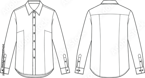 Technical flat sketch of long sleeve shirt, front button placket, pointed collar, cuff details, back yoke, vector cad drawing