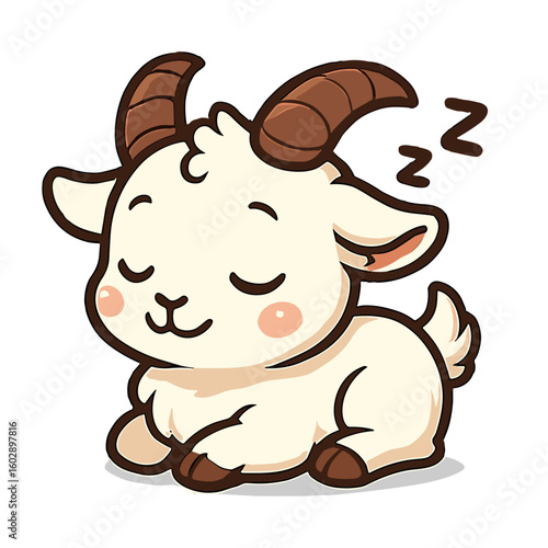 Adorable cartoon goat peacefully sleeps with closed eyes