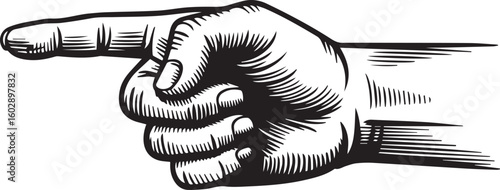 Engraved Hand Pointing Left Vector Illustration with Detailed Shading Style