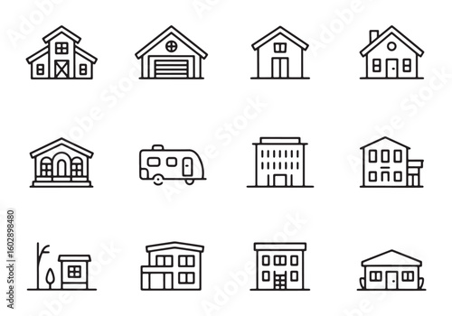 Collection of twelve simple black outline building icons on white background house barn