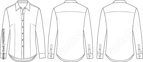 Women's shirt technical flat, long sleeve, front and back view, button down blouse design, fashion cad drawing, vector illustration