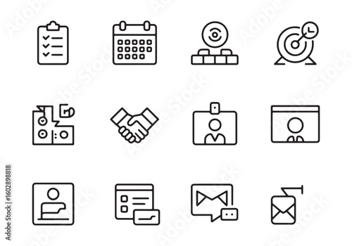 Set of business and communication icons including checklist calendar handshake and email clipboard to do list