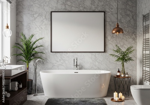 Luxurious modern bathroom interior with a white freestanding bathtub and a blank horizontal poster frame for mockup. Contemporary design with marble walls, plants, and elegant lighting.