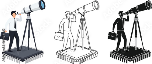 Businessman with telescope looking at future trends on technology and innovation