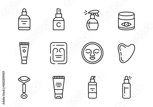 Set of twelve black outline icons for skincare and beauty products on white background cosmetic
