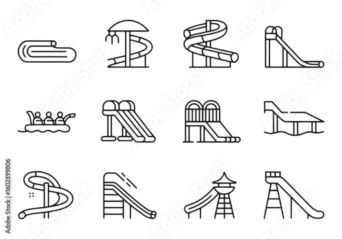 Set of water slide icons and water raft with people water park