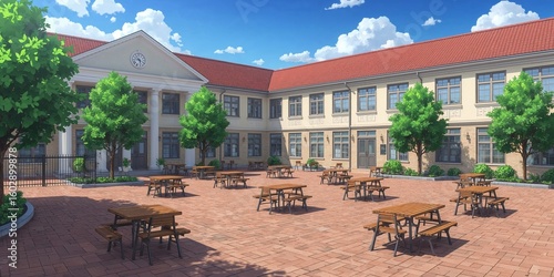 After school club meet in courtyard background panoramic wide angle view anime cartoon
