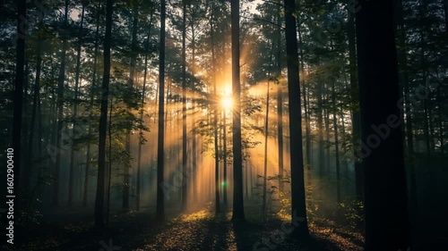 Sunrise Through Foggy Forest Trees