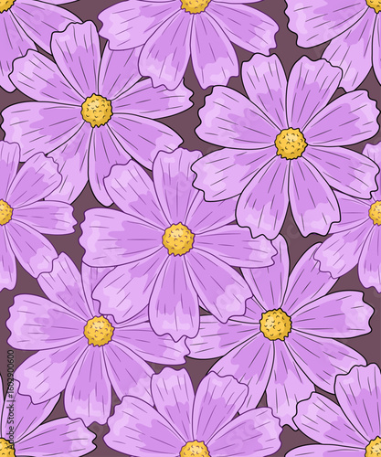 Seamless pattern of delicate purple cosmos flowers with yellow centers. This design evokes a sense of floral beauty and tranquility.