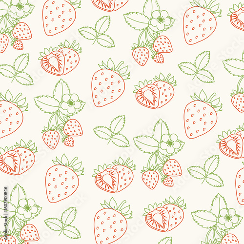 Hand drawn strawberry pattern. Vintage style design for fabric, stationery, wrapping paper, and cottage core inspired packaging. Vector doodle illustration.