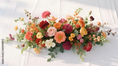 Vibrant Floral Arrangement with Assorted Flowers on a White Surface