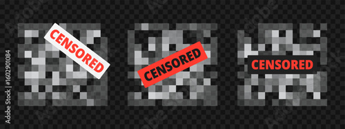 Censor bar with pixel blur mosaic pattern and background effect for sensitive content or photo. Vector screen template with digital word sign and privacy badge.