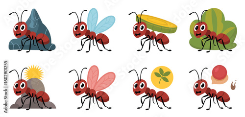 Cute cartoon ants engaged in various activities and environments