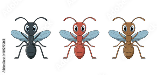 Three cartoon ants with wings standing side by side