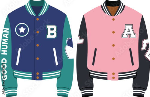 Trendy varsity jackets for men and women, colorful letterman outerwear, casual sporty fashion, unisex college bomber style clothing