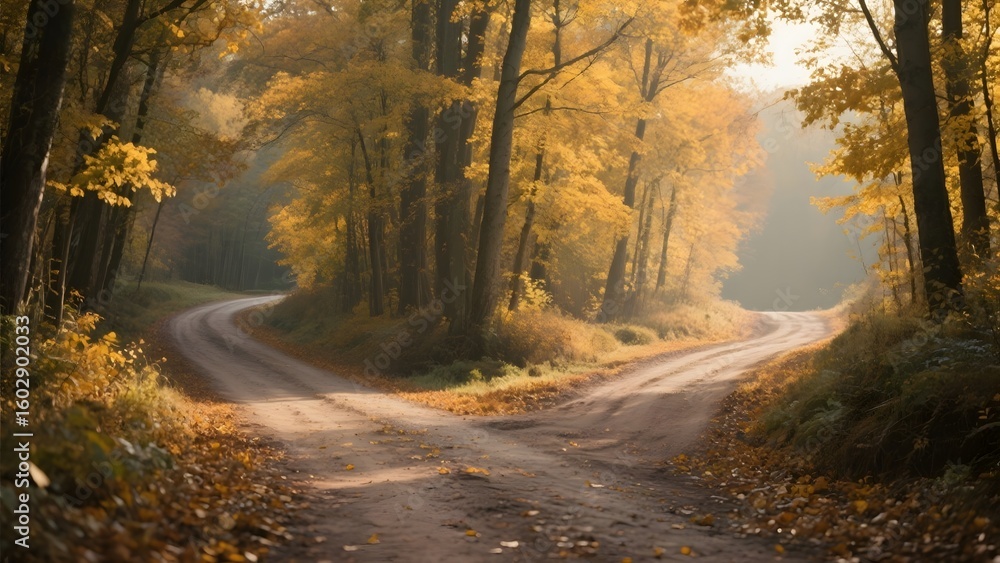 Naklejka premium Autumn Forest Pathway Splitting into Two Directions