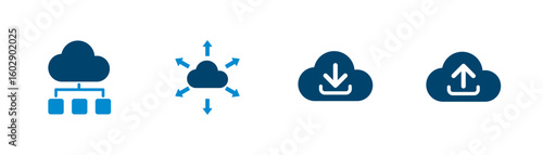 Solid vector icon of cloud computing, upload, download, data distribution, online storage.