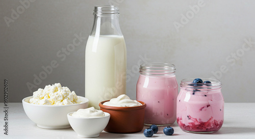Organic Dairy Products Including Milk, Sour Cream, Cottage Cheese, and Yogurt – Fresh and Healthy Natural Food Selection