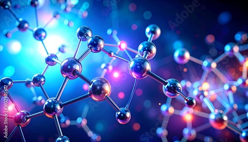 A futuristic, abstract 3D representation of molecular structures in a glowing blue and purple environment.