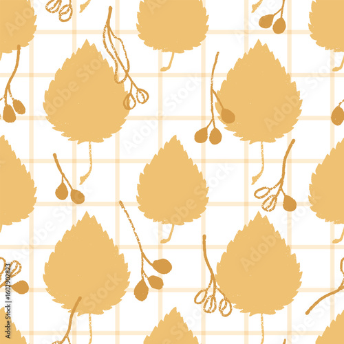 Seamless vector pattern with linden leaves and seeds in simple style. Delicate autumn vector print on white background.