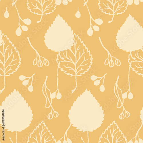Seamless vector pattern with linden leaves and seeds in a simple style. Delicate autumn vector print on a beige background. For printing on fabric, kitchen textile, paper.