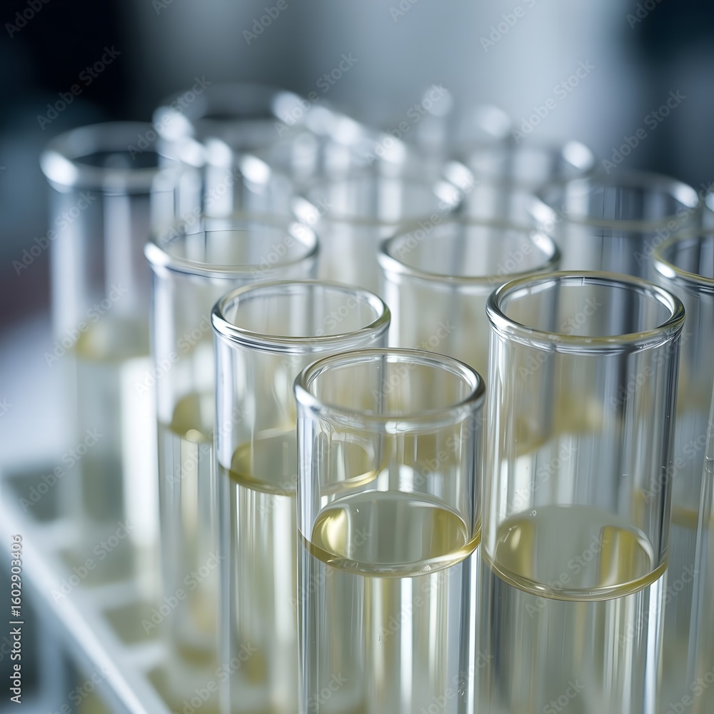 Clear glass test tubes containing blue liquid are isolated in a chemistry laboratory, perfect for illustrating scientific research and medical experiments Clear glass test tubes containing blue liquid are isolated in a chemistry laboratory, perfect for illustrating scientific research and medical experiments