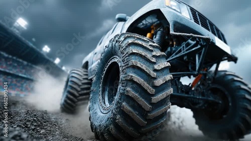 Powerful monster truck tire kicking up dirt in an intense stadium environment
