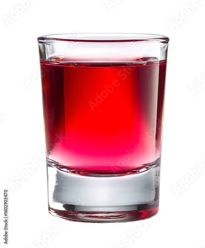 Crimson cocktail in a shot glass.