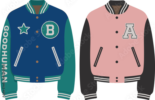Varsity letterman jacket vector, cad flat sketch bomber, college sportswear mockup, front view design, trendy streetwear fashion