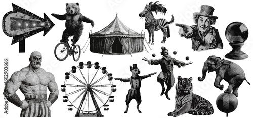 Set of circus entertainment halftone grunge vector design elements