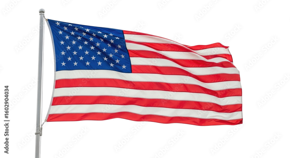 Fototapeta premium USA flag waving in the wind against a clear sky with a transparent background, cutout PNG